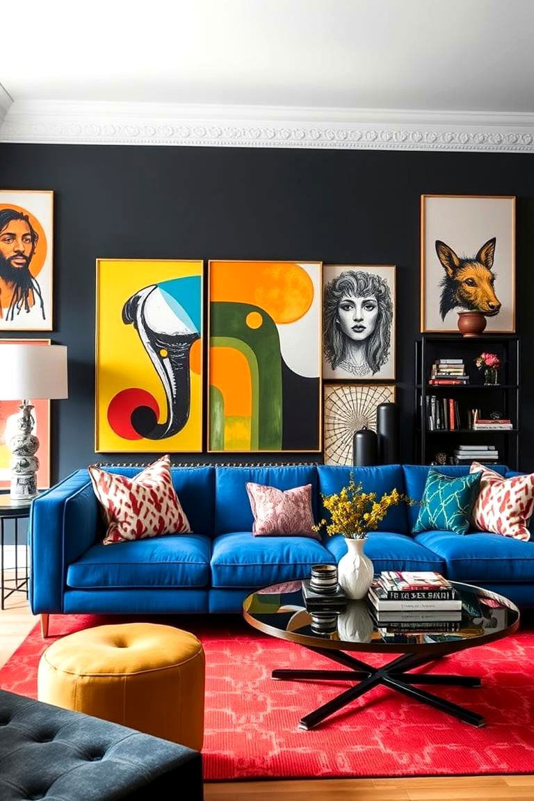 Bold Blue Couch with Statement Art Pieces - 24 Blue Couch Living Room Ideas
