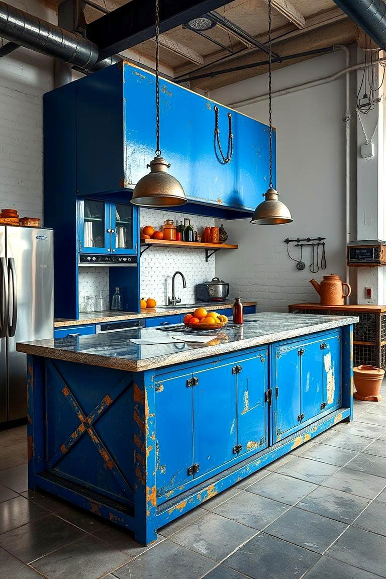 Bold Blue Industrial Kitchen Island - 24 Blue Kitchen Island Ideas