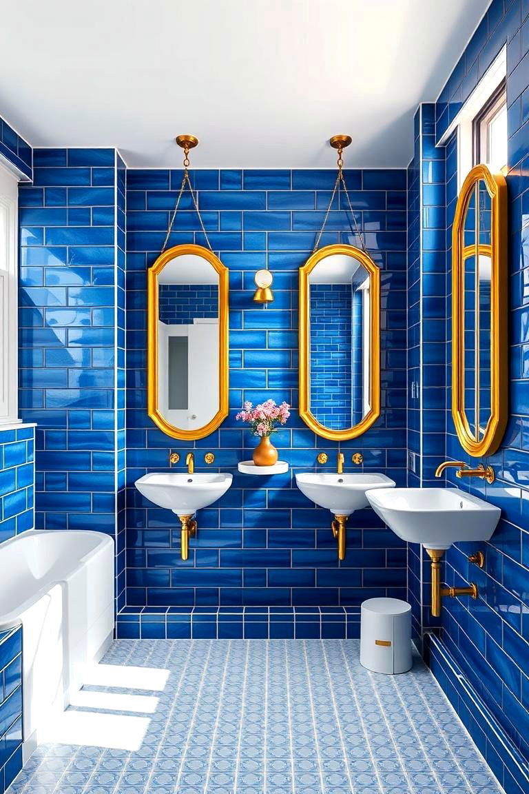 Bold Blue Tiles and Luxurious Gold Mirrors - 24 Blue and Gold Bathroom Ideas