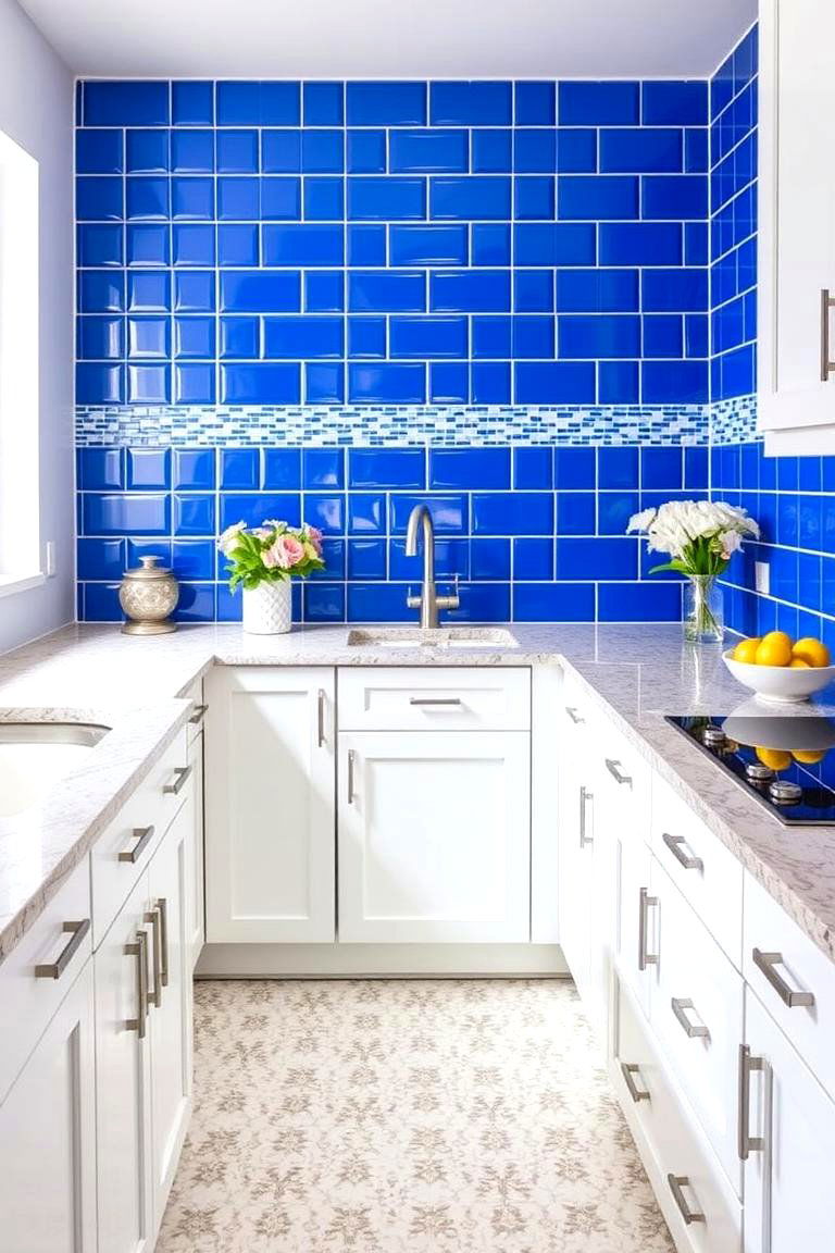 Bold Blue Tiles - 24 Backsplash Ideas for White Cabinets and Granite Countertops