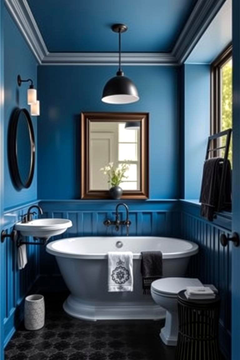 Bold Blue Walls with Black Accents - 24 black and blue bathroom ideas