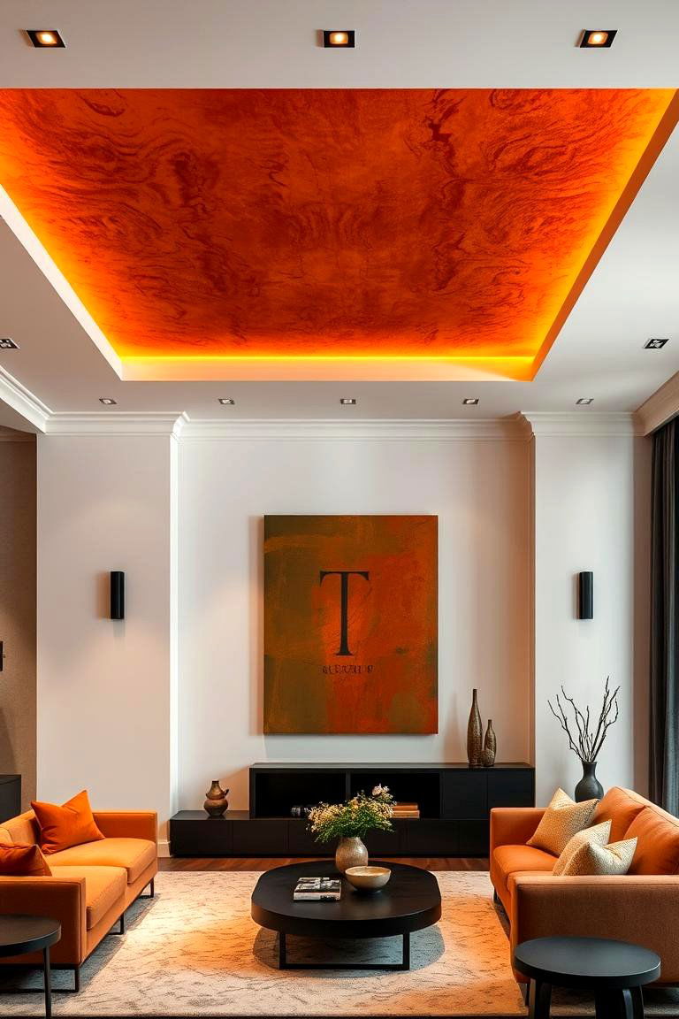 Bold Burnt Orange Ceiling Feature - 24 Burnt Orange Living Room Ideas
