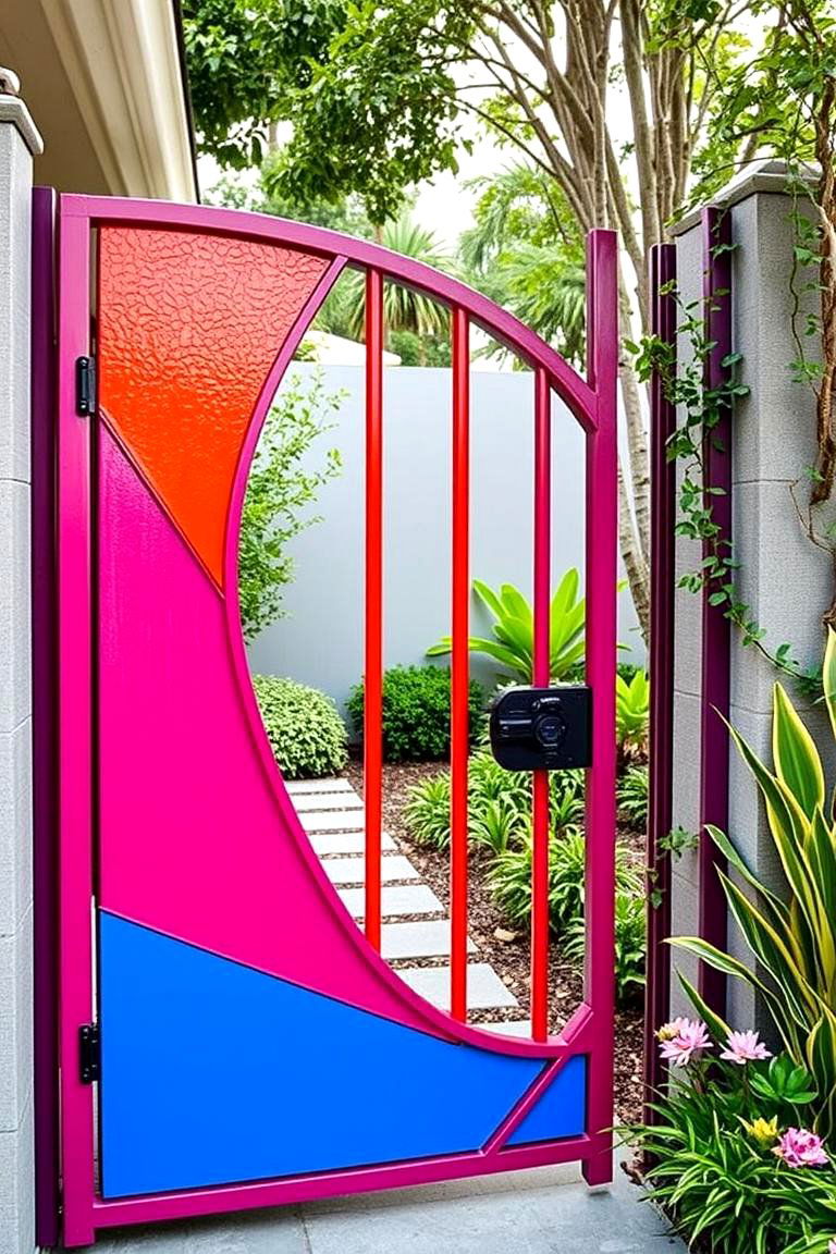 Bold Color Accent Metal Gate - 24 Metal Garden Gate Ideas