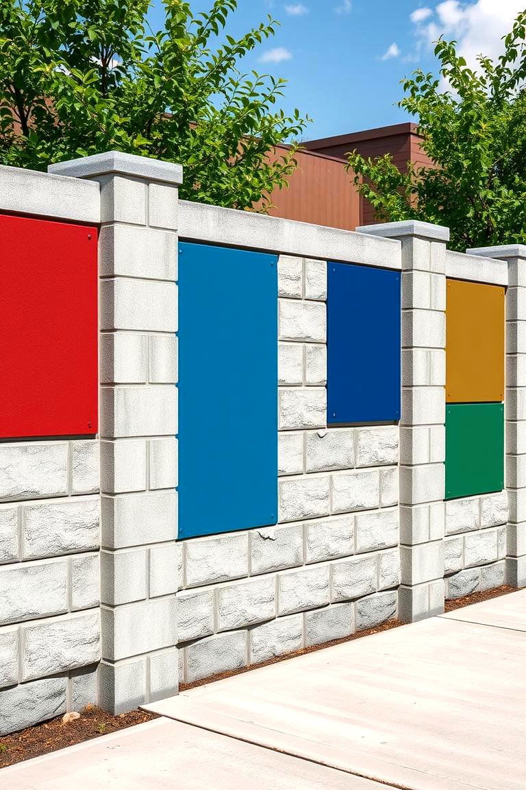 Bold Color Accent Panels Cinder Block Fence - 24 Cinder Block Fence Ideas