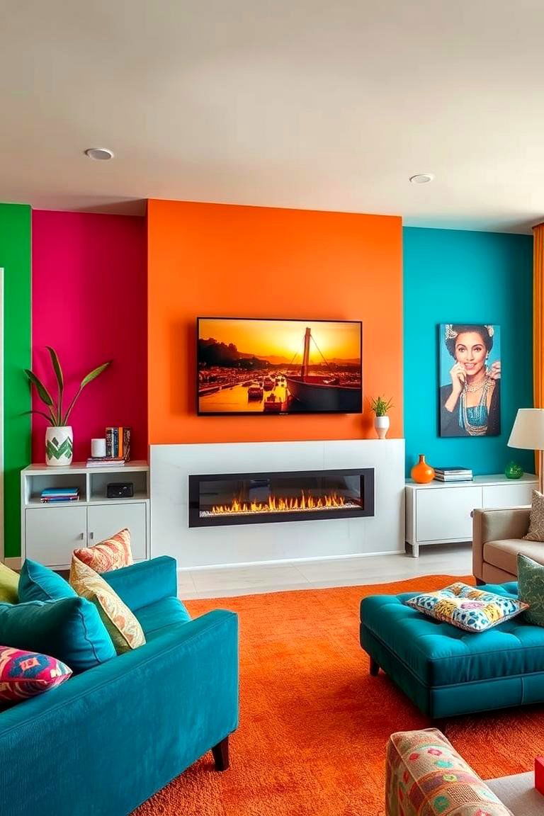 Bold Color Accents - 24 Linear Fireplace Ideas With Tv Above