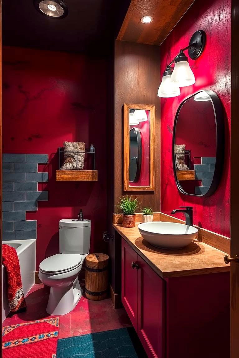 Bold Color Accents in Rustic Bathroom - 24 Barndominium Bathroom Ideas