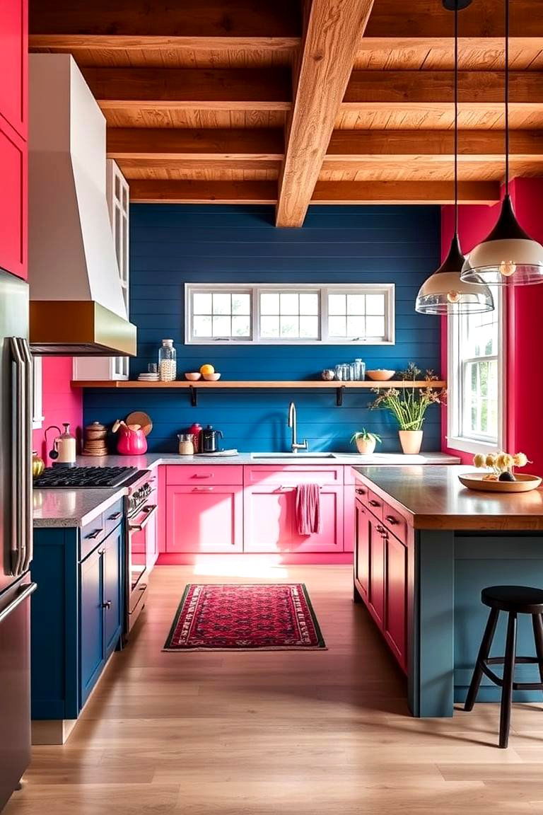 Bold Colorful Shiplap with Statement Island - 24 Kitchen Shiplap Ideas With Kitchen Island Ideas