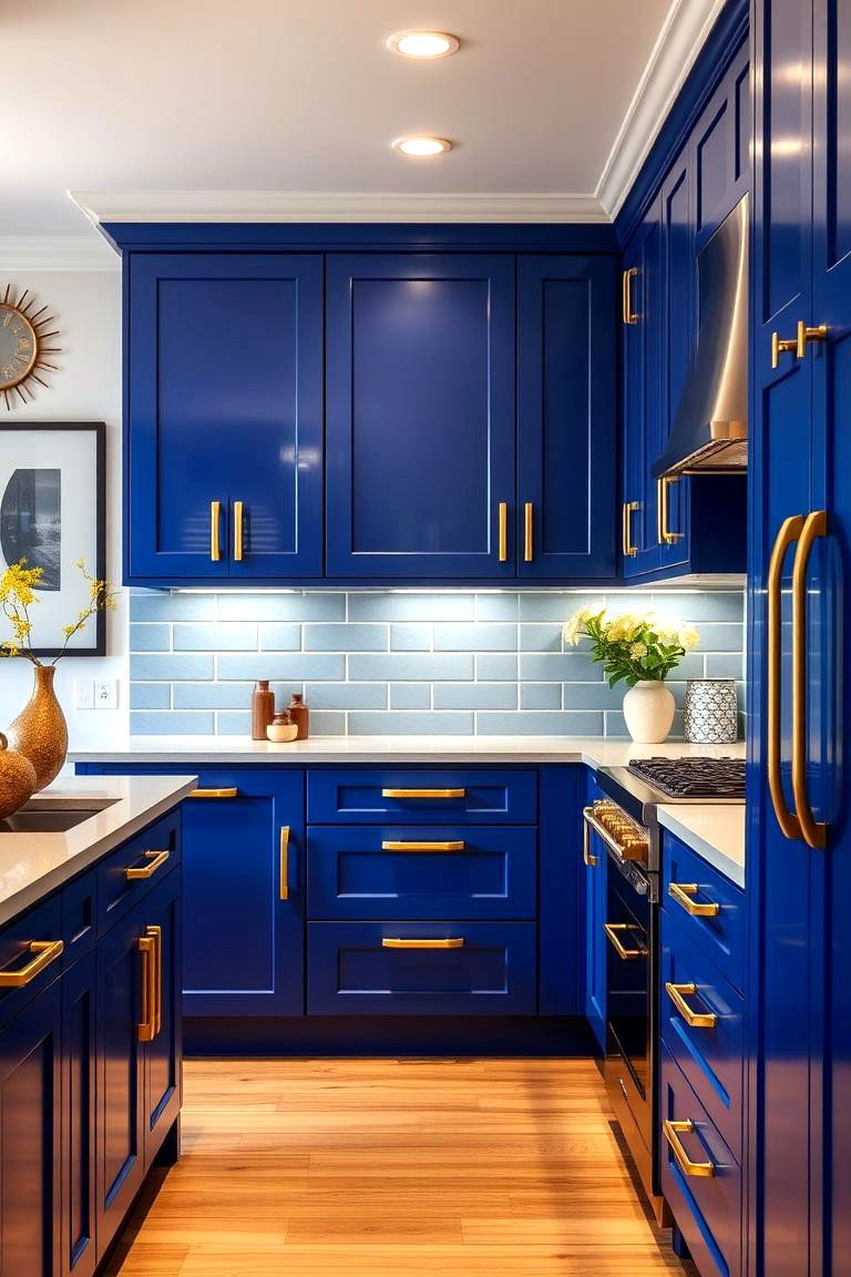 Bold Contemporary Statement - 24 blue kitchen cabinets with gold hardware