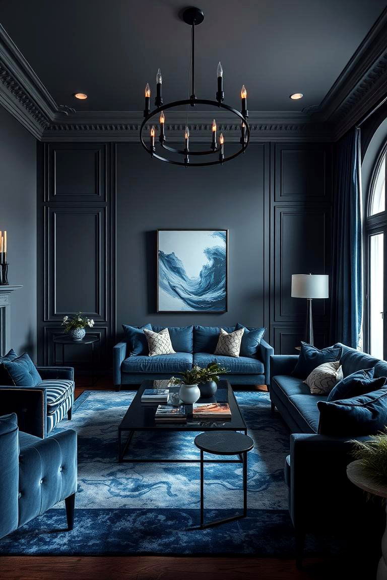 Bold Contrast Dramatic Blue and Grey Living Room - 24 Blue and Grey Living Room Ideas