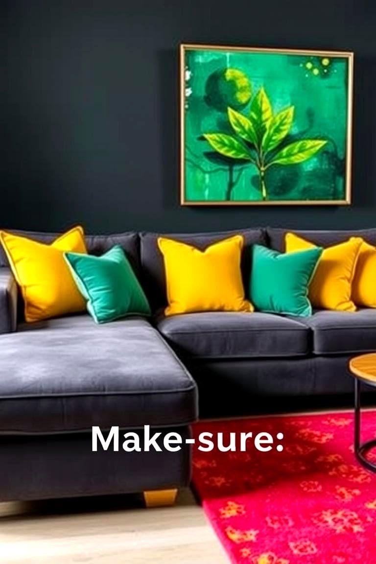 Bold Contrast with Bright Accents - 24 dark grey couch living room ideas