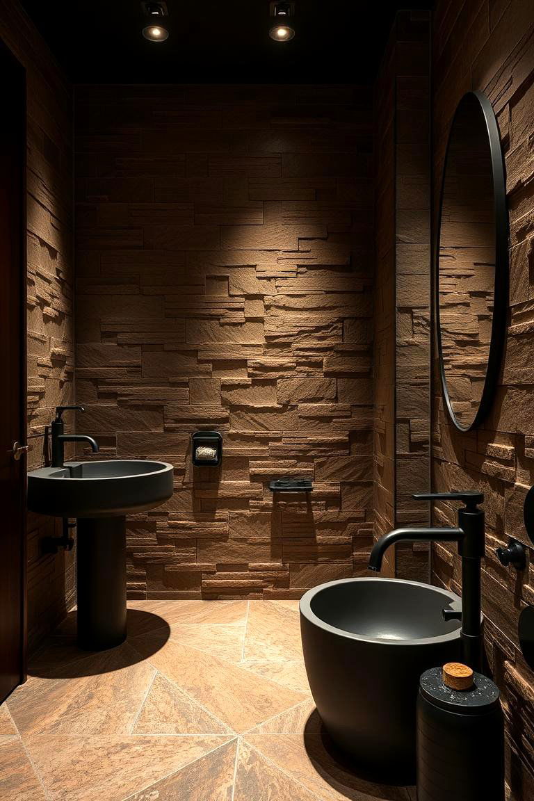 Bold Contrast with Brown Stone Walls - 24 brown and black bathroom ideas
