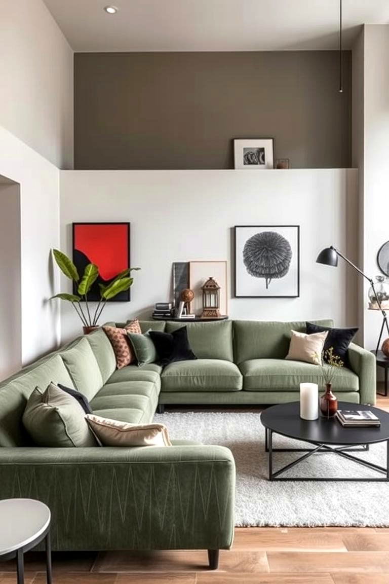 Bold Contrast with Neutrals and Sage Green - 24 sage green couch living room ideas
