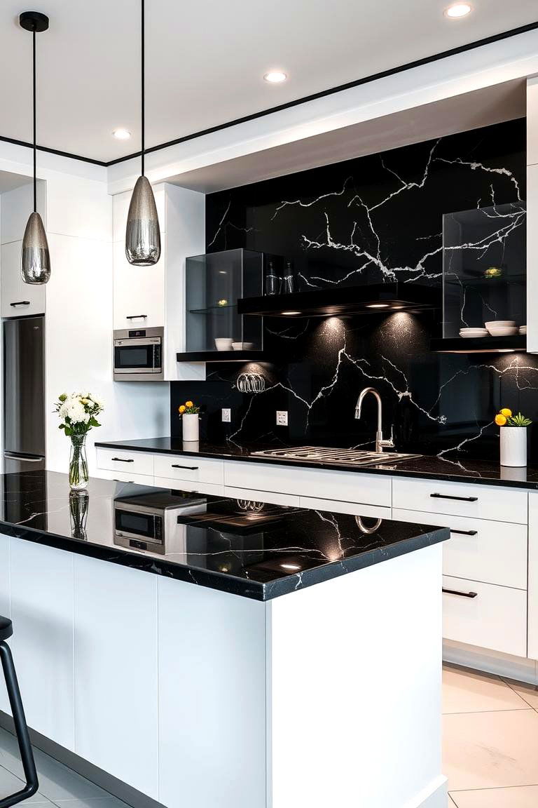Bold Contrast with White Accents - 24 Black Granite Countertops Kitchen Ideas
