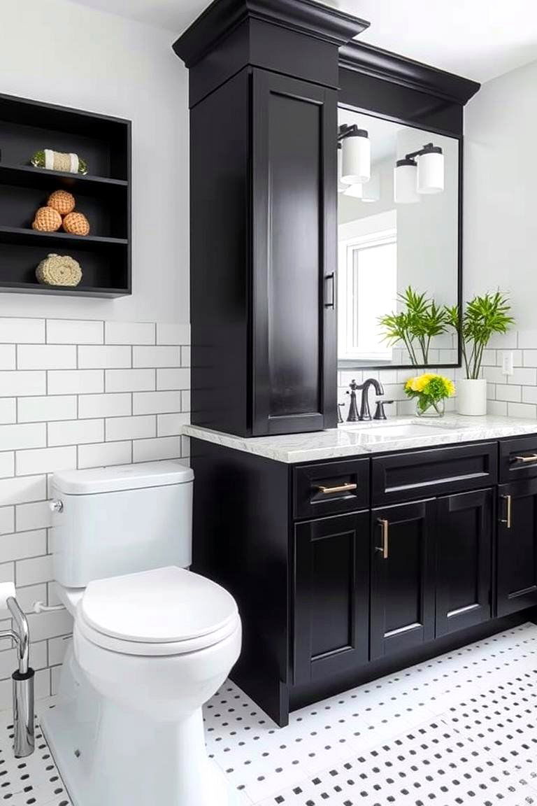 Bold Contrast with White Tiles - 24 bathroom with black cabinets ideas