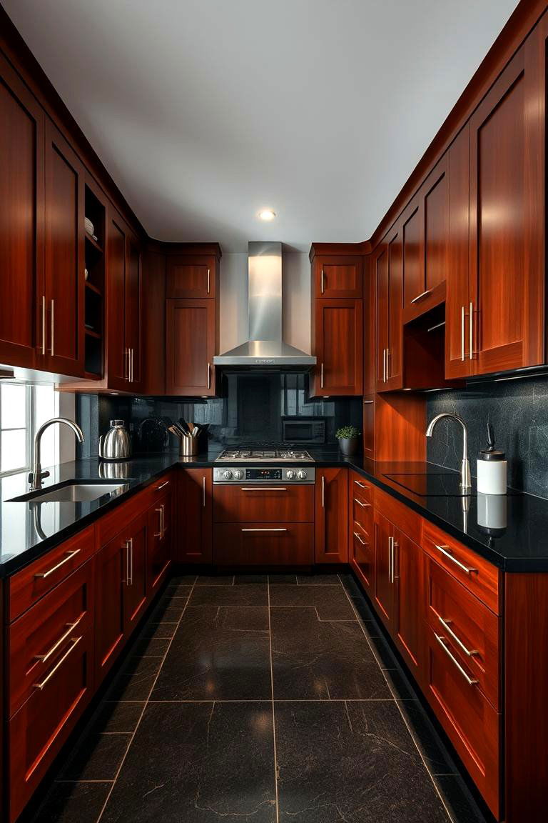 Bold Contrast - 24 kitchen with brown cabinets and black countertops ideas