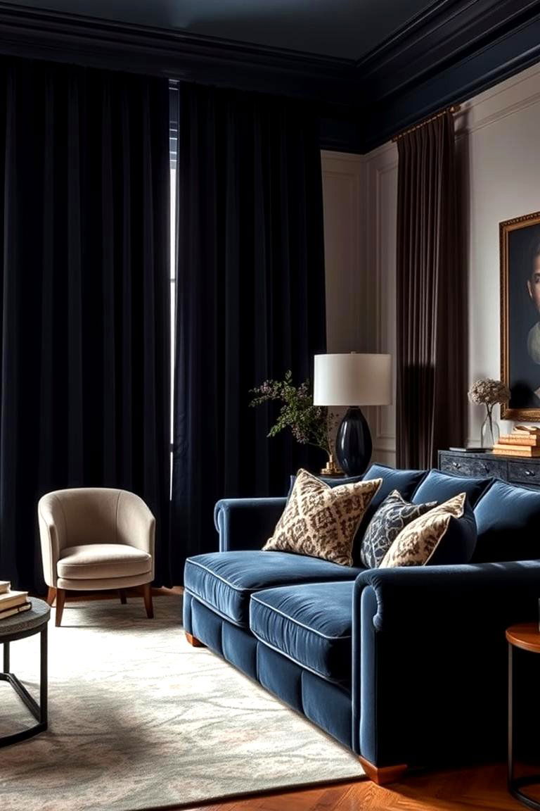 Bold Dark Drapes for Drama and Privacy - 24 Living Room Curtain Ideas