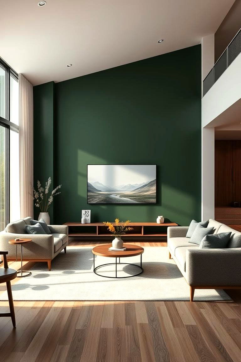 Bold Dark Green Accent Wall - 24 Dark Green Living Room Ideas
