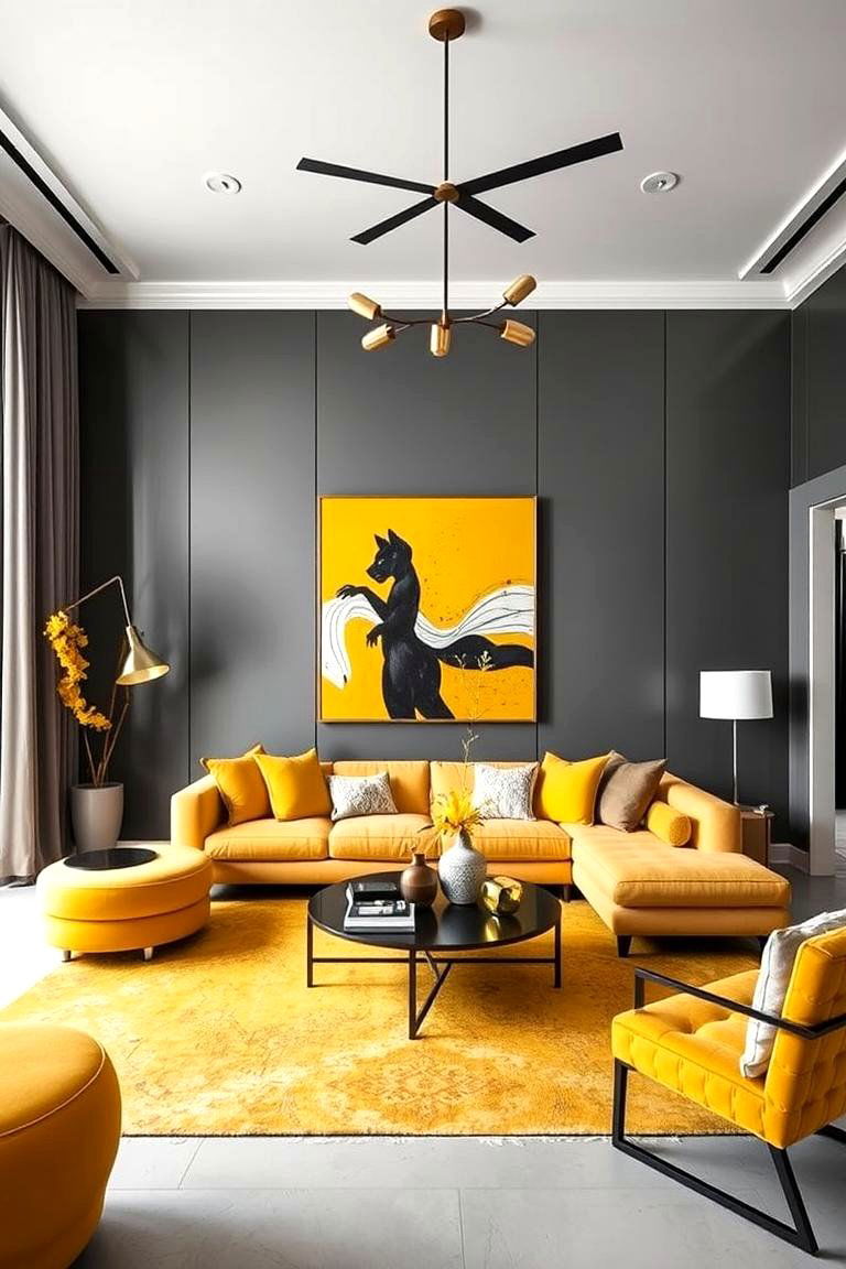Bold Decor Vibrant Yellow on a Grey Backdrop - 24 Grey and Yellow Living Room Ideas