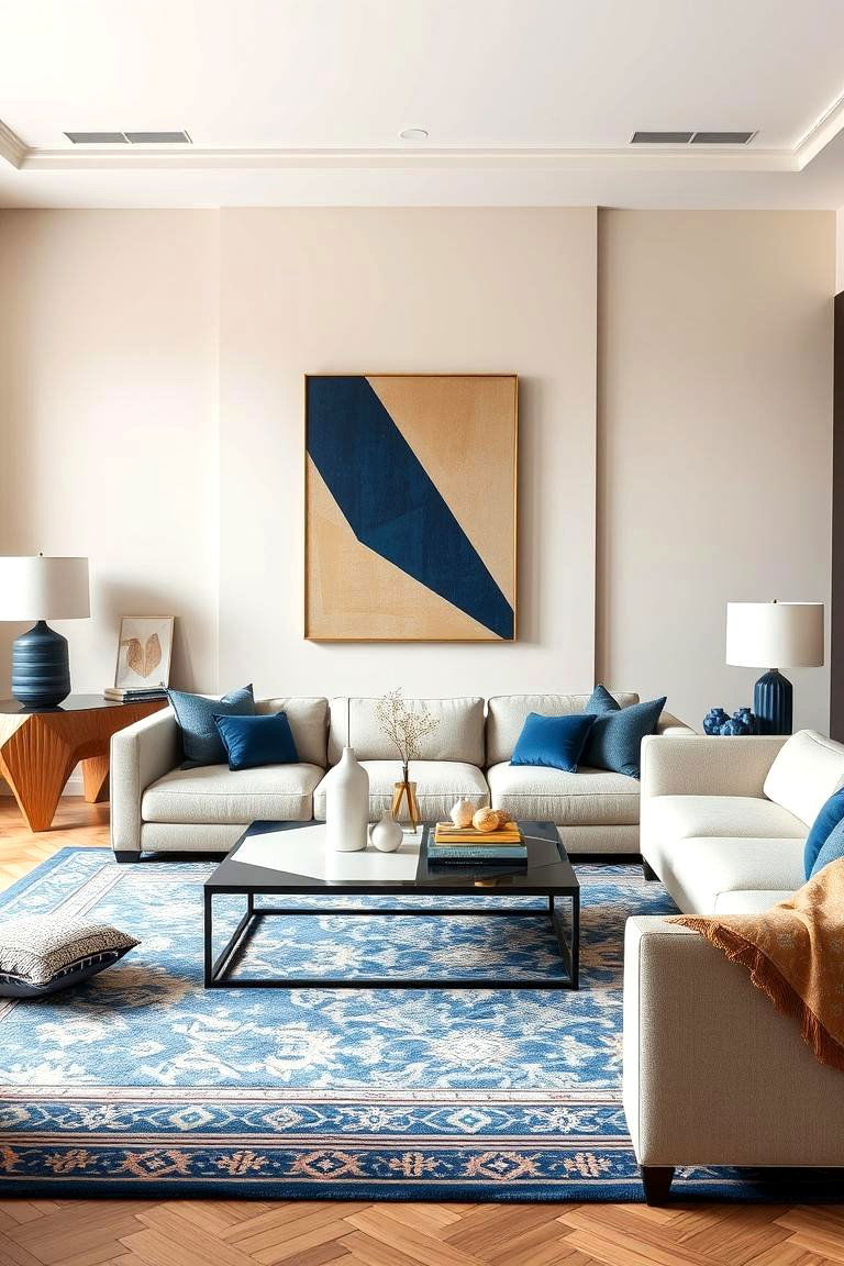 Bold Geometric Expressions - 24 blue and beige living room ideas