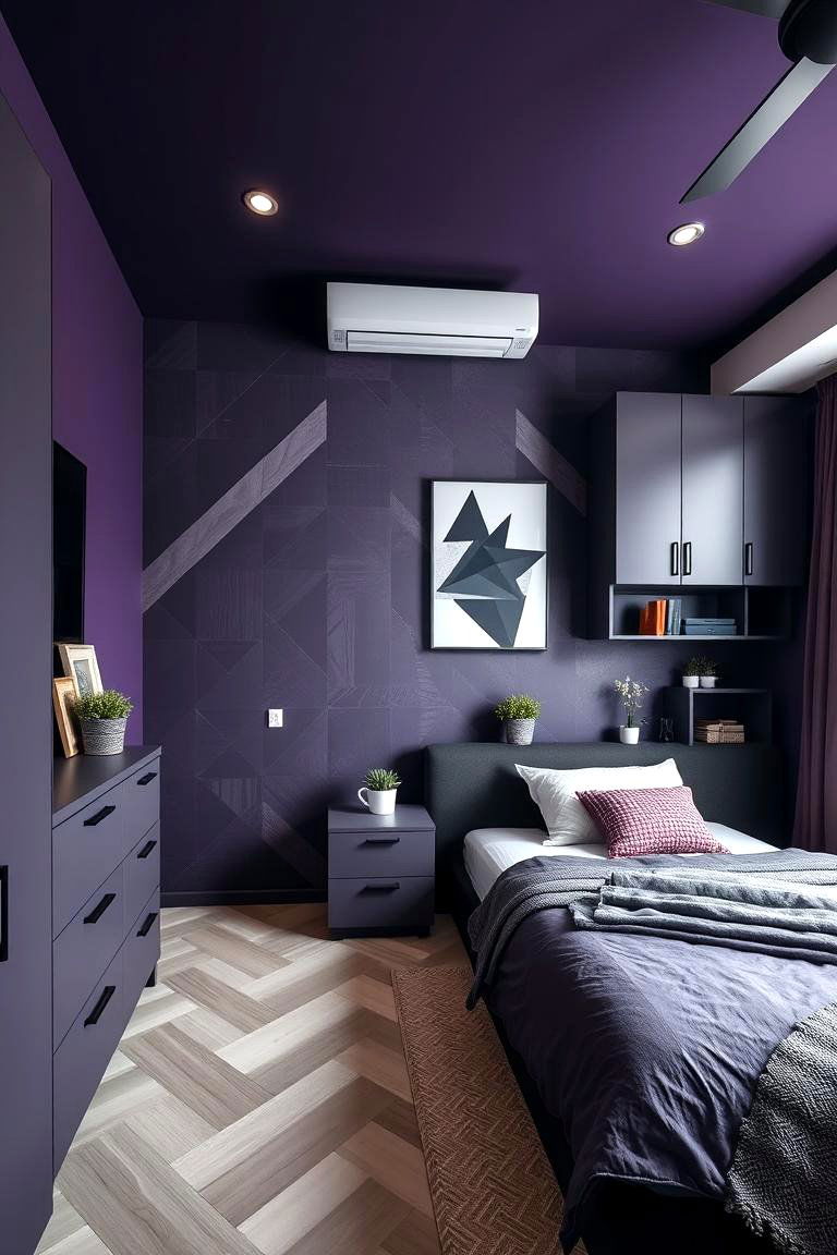 Bold Geometric Fusion - 24 Dark Purple Bedroom Ideas