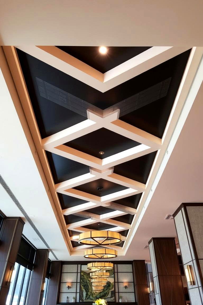 Bold Geometric Pattern Ceiling - 24 Dining Room Ceiling Ideas