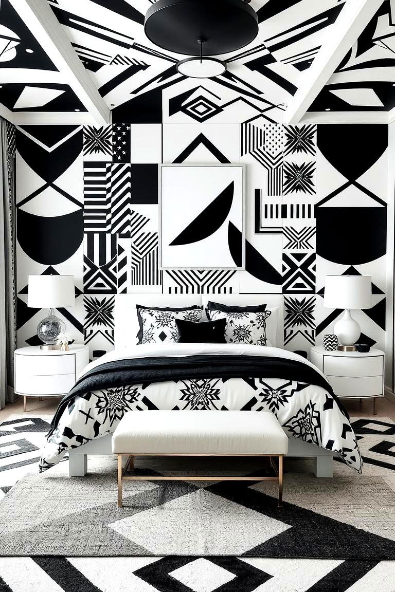 Bold Geometric Pattern Play - 24 Feminine Black and White Bedroom Ideas