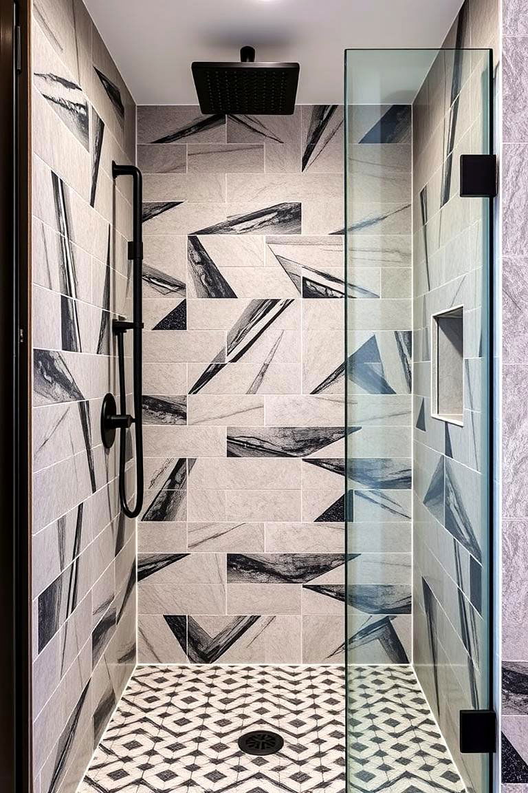 Bold Geometric Patterns - 24 Doorless Walk In Shower Ideas