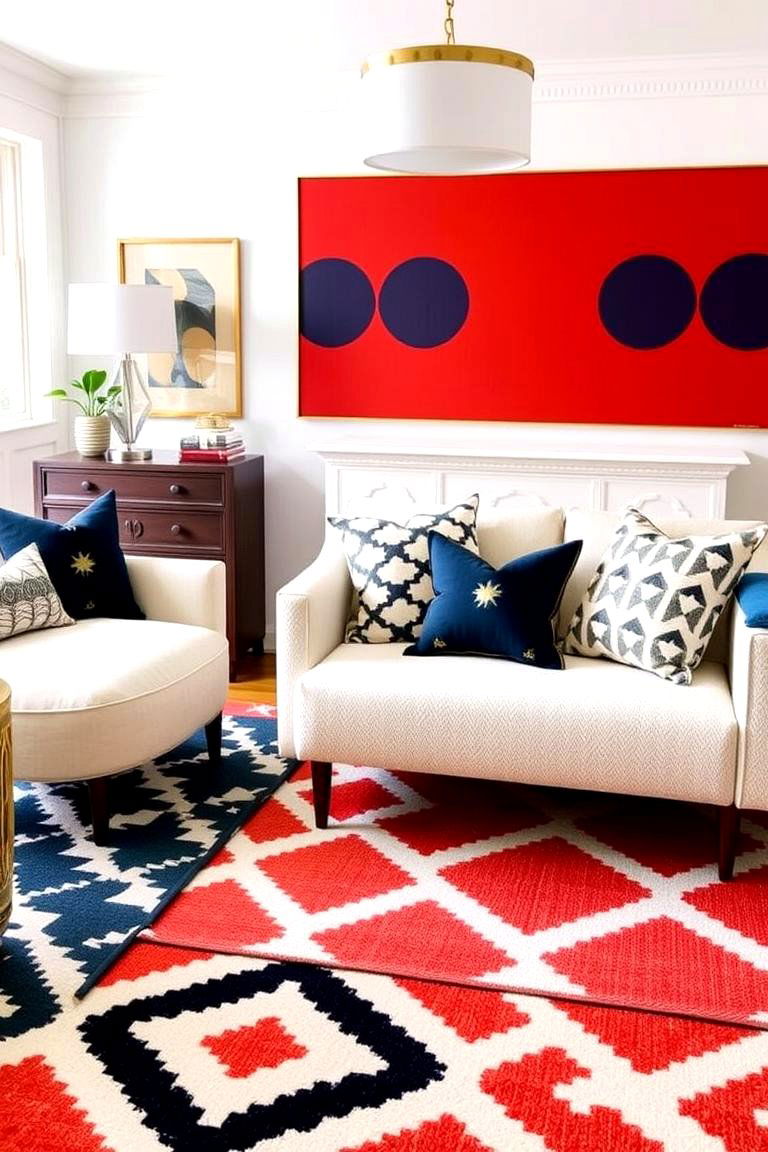 Bold Geometric Patterns - 24 Preppy Living Room Ideas