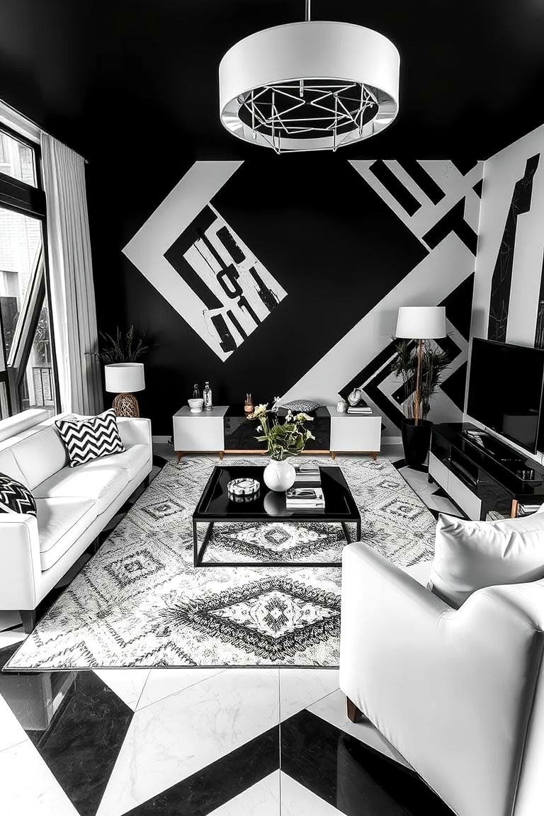 Bold Geometric Patterns - 24 Black and White Living Room Ideas