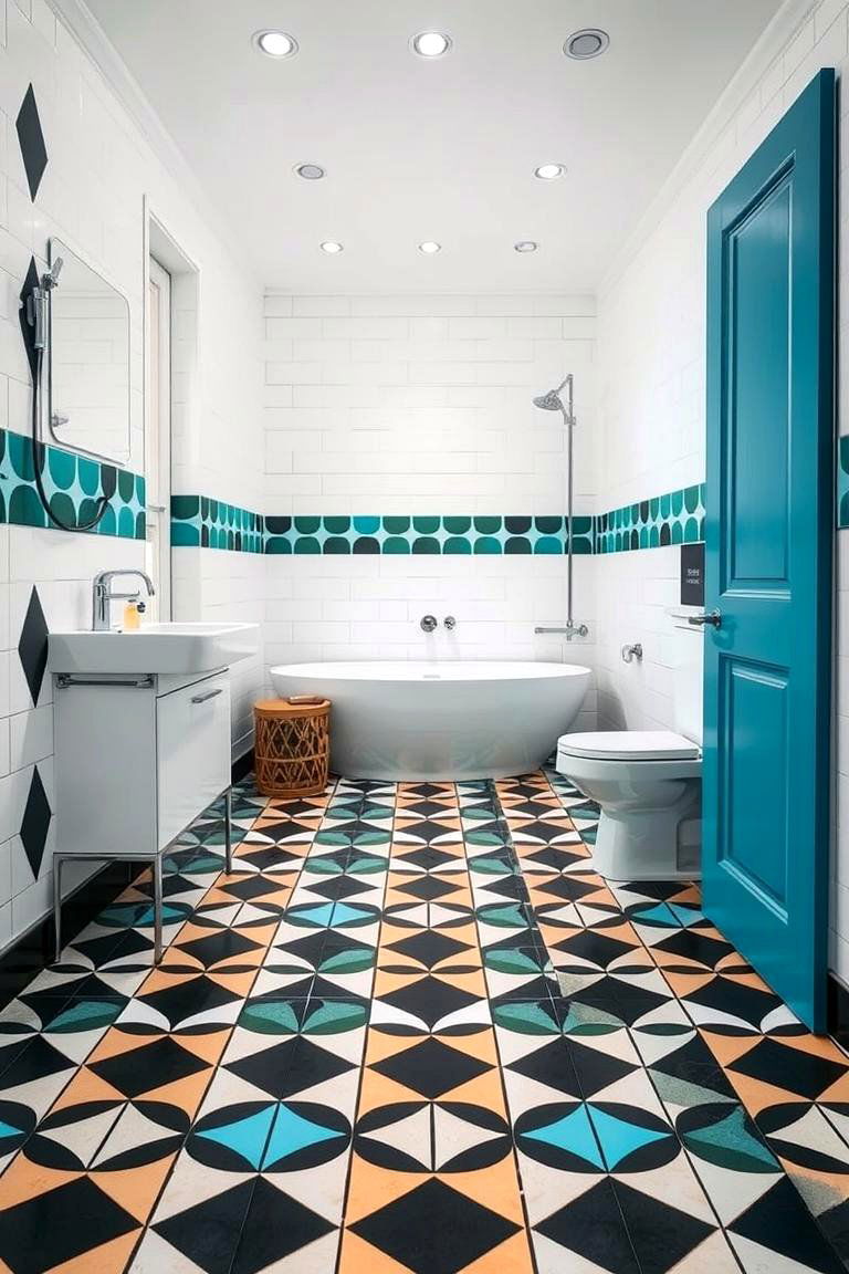 Bold Geometric Patterns - 24 Black Floor Bathroom With White Walls Ideas