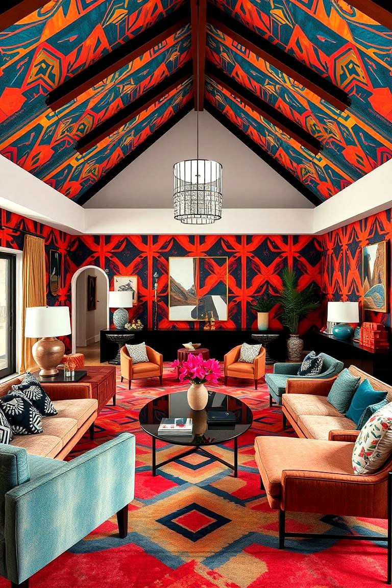 Bold Geometric Patterns with Statement Furniture - 24 Open Concept Vaulted Ceiling Living Room Ideas