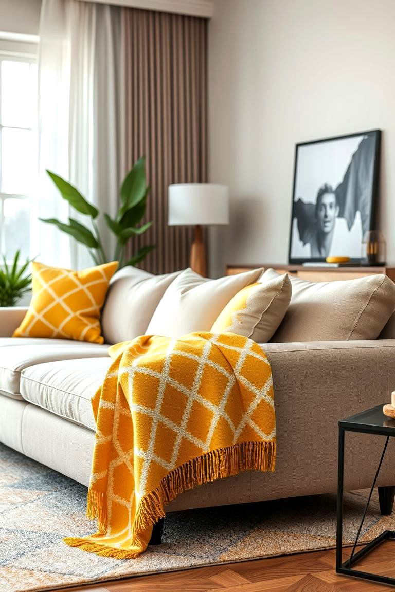 Bold Geometric Yellow Throw - 24 Yellow Living Room Ideas