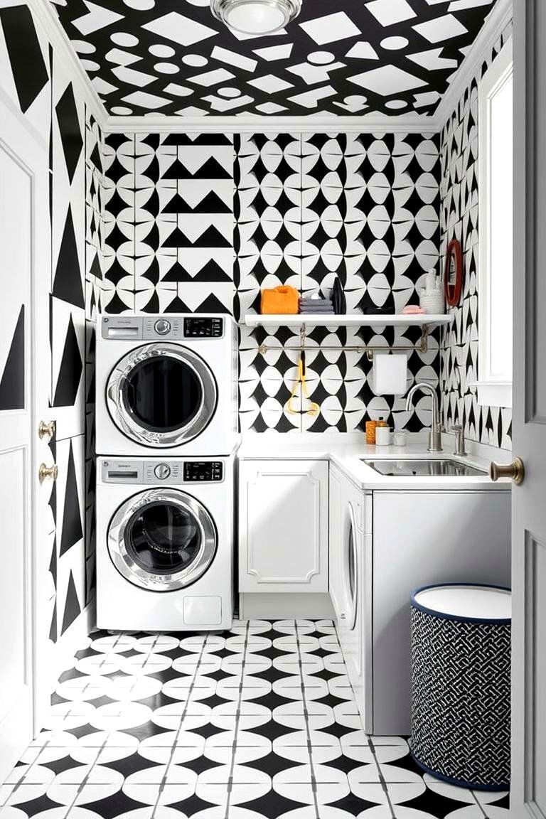 Bold Graphic Patterns - 24 Black and White Laundry Room Ideas