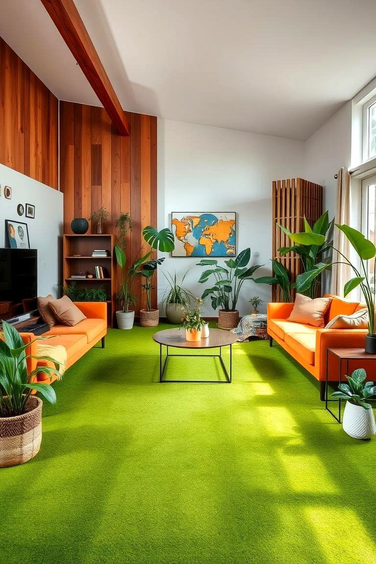 Bold Green Accent with Natural Elements - 24 Green Carpet Living Room Ideas