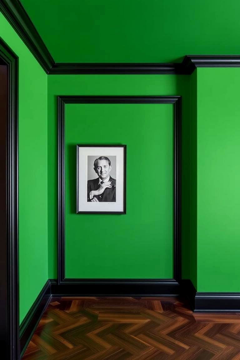 Bold Green Walls with Black Decorative Molding - 24 Black and Green Bedroom Design Ideas