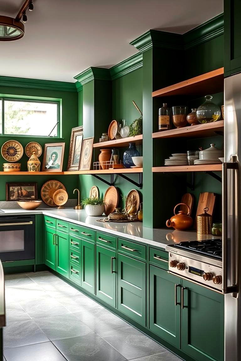 Bold Green Walls with Custom Copper Shelving - 24 Green and Copper Kitchen Ideas