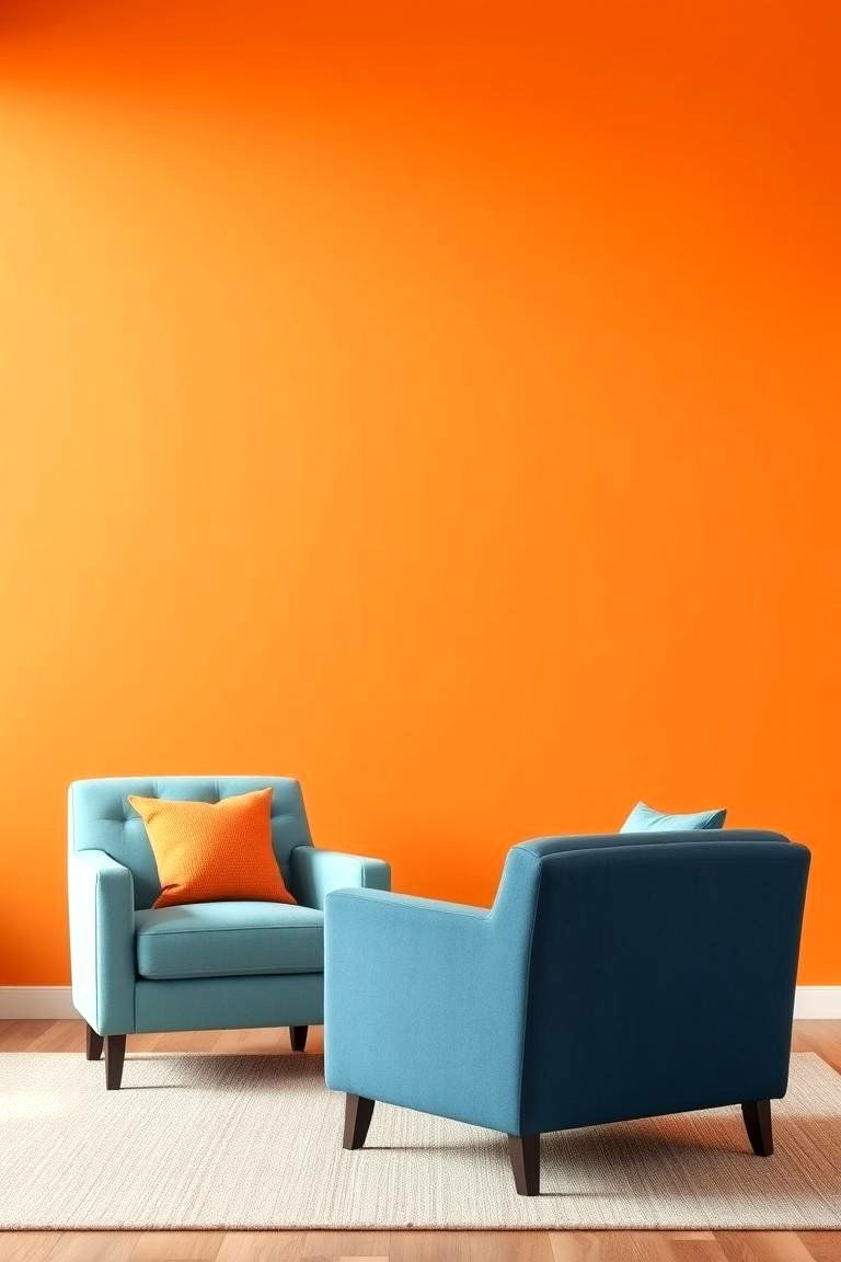 Bold Orange Accent Wall with Calming Blue Furniture - 24 orange and blue living room ideas