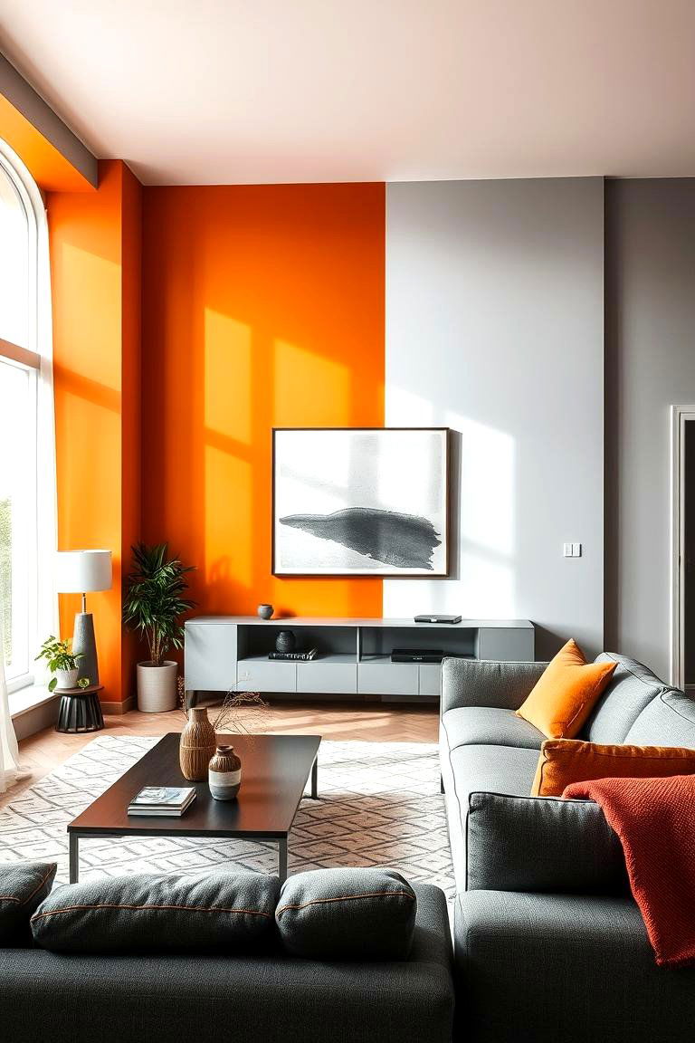 Bold Orange Accent Wall with Grey Details - 24 Orange and Grey Living Room Ideas
