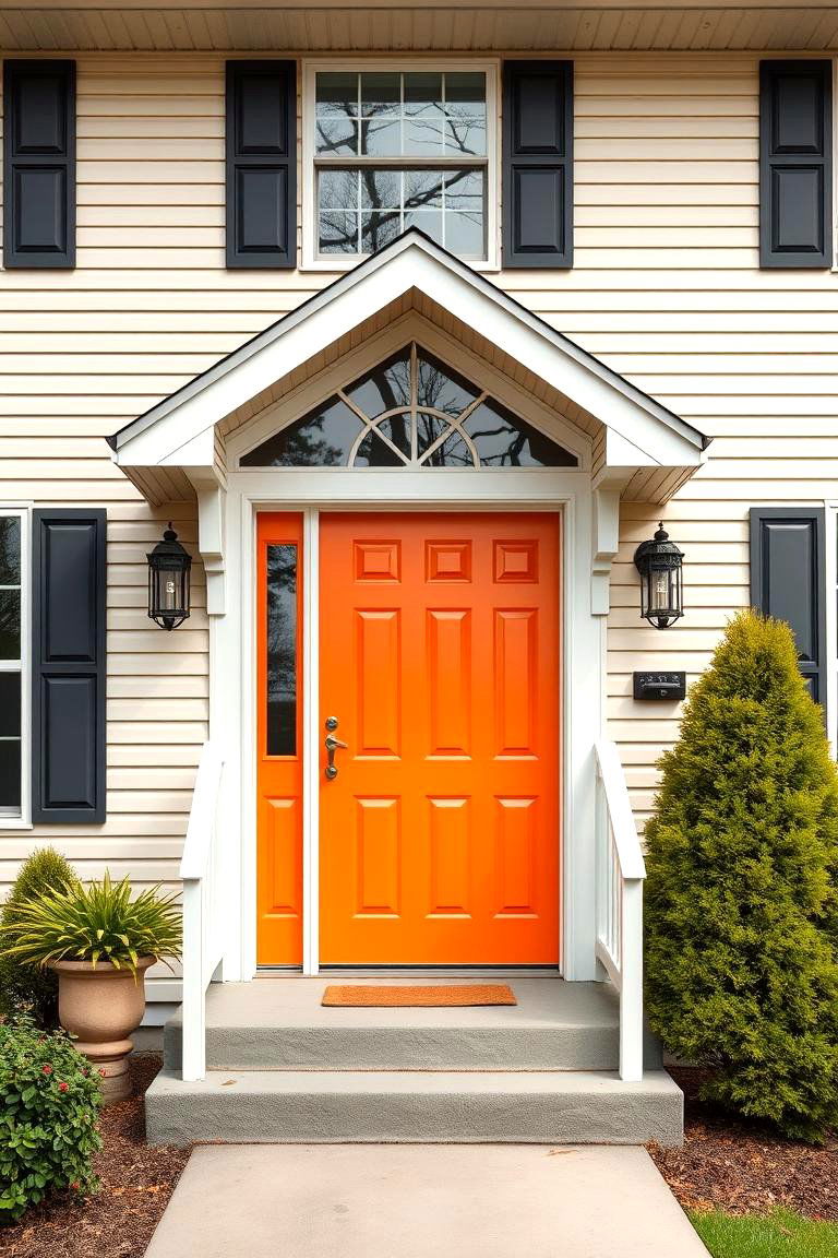 Bold Orange Door with Neutral Exterior - 24 Orange House Exterior Ideas