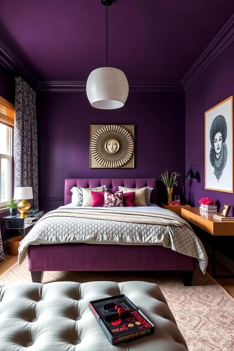 Bold Pattern Statement - 24 Dark Purple Bedroom Ideas