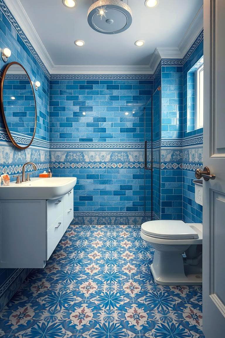 Bold Patterned Flooring - 24 Blue and Gray Bathroom Ideas