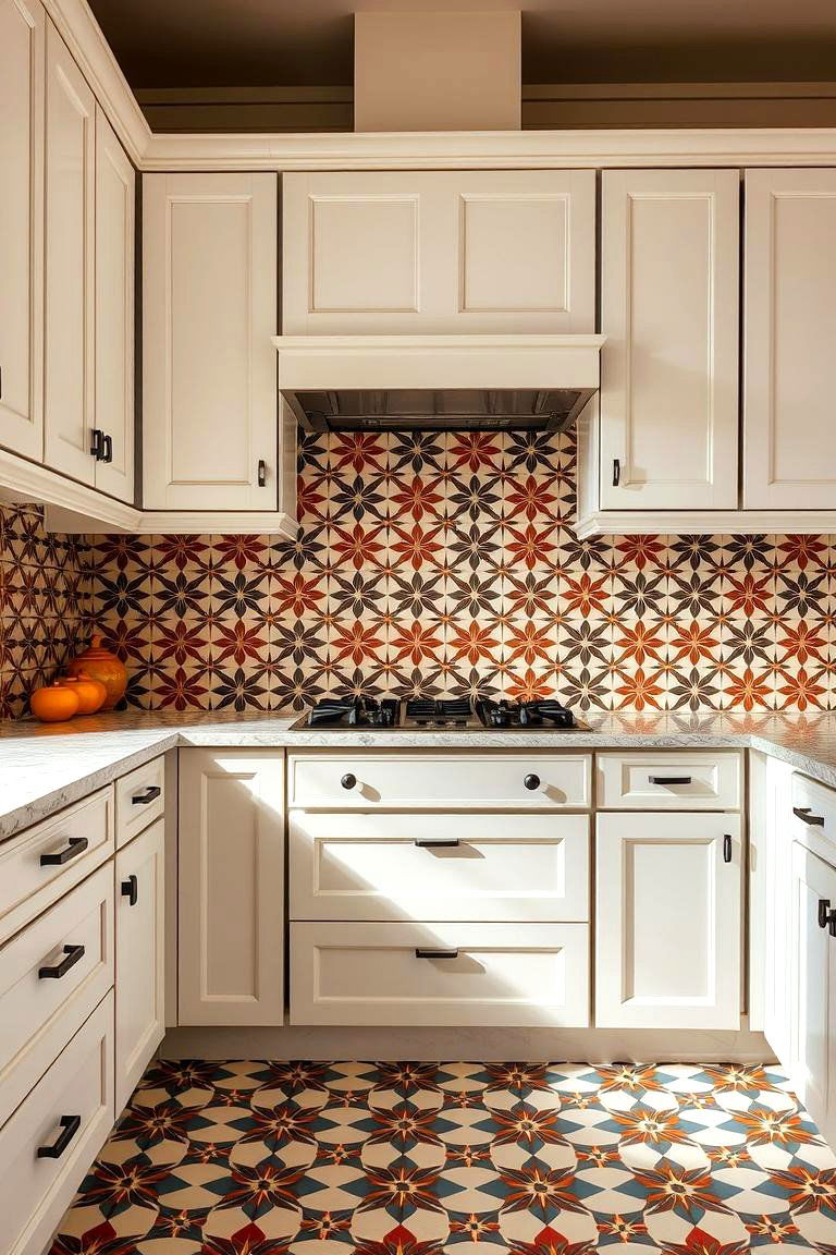 Bold Patterned Tiles - 24 White Cabinet Kitchen Backsplash Ideas