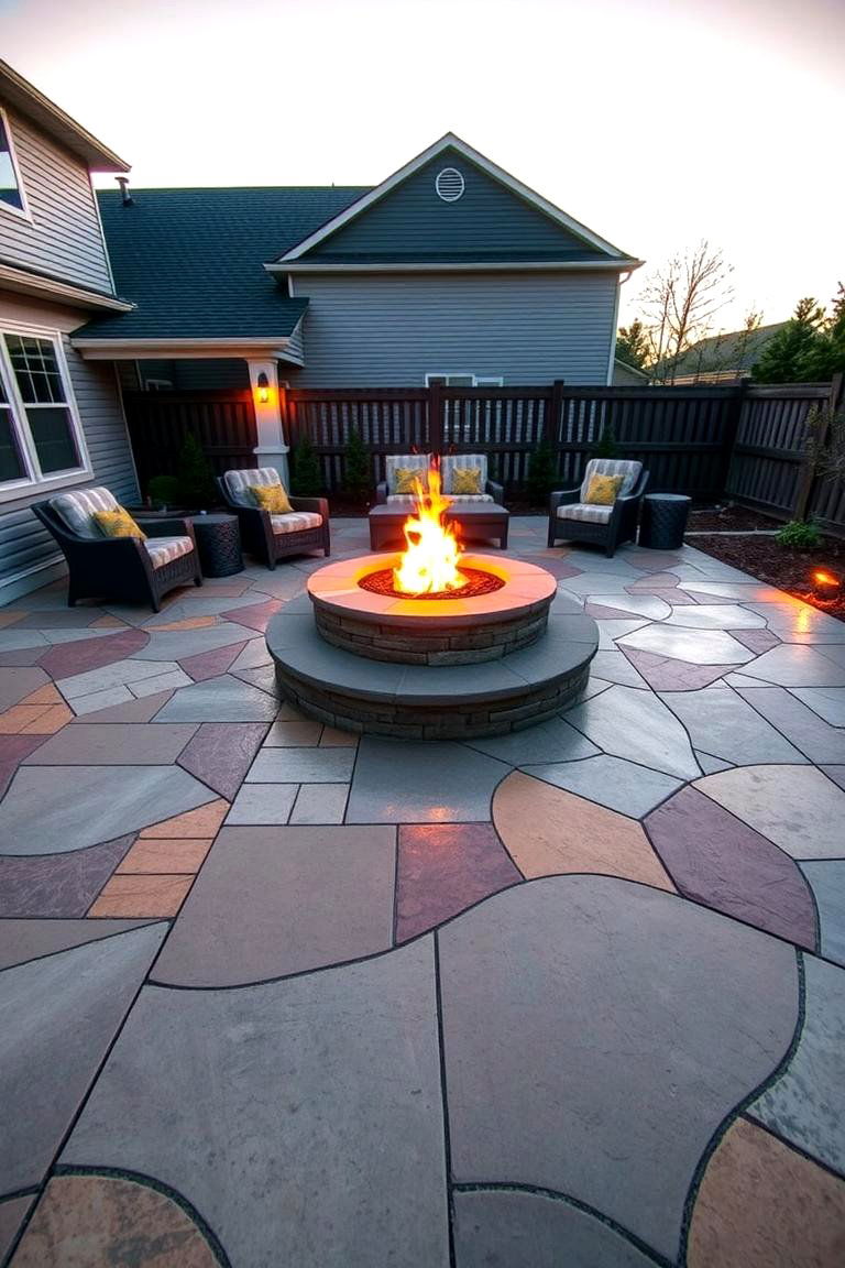 Bold Patterns with Comfortable Seating Areas - 24 stamped concrete patio with fire pit ideas