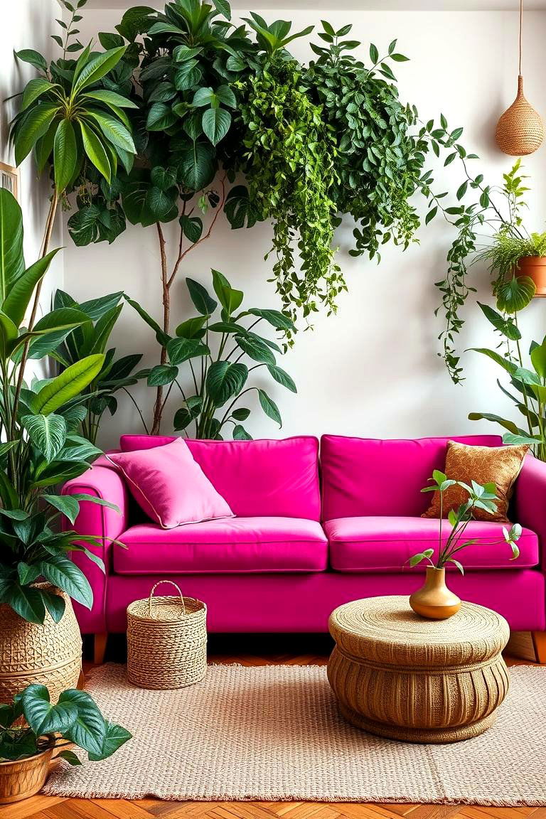 Bold Pink with Greenery - 24 Pink Couch Living Room Ideas