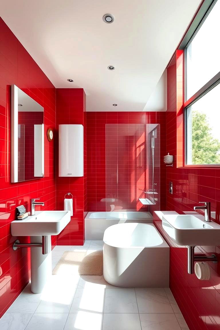 Bold Red Accent Walls - 24 Red Bathroom Ideas