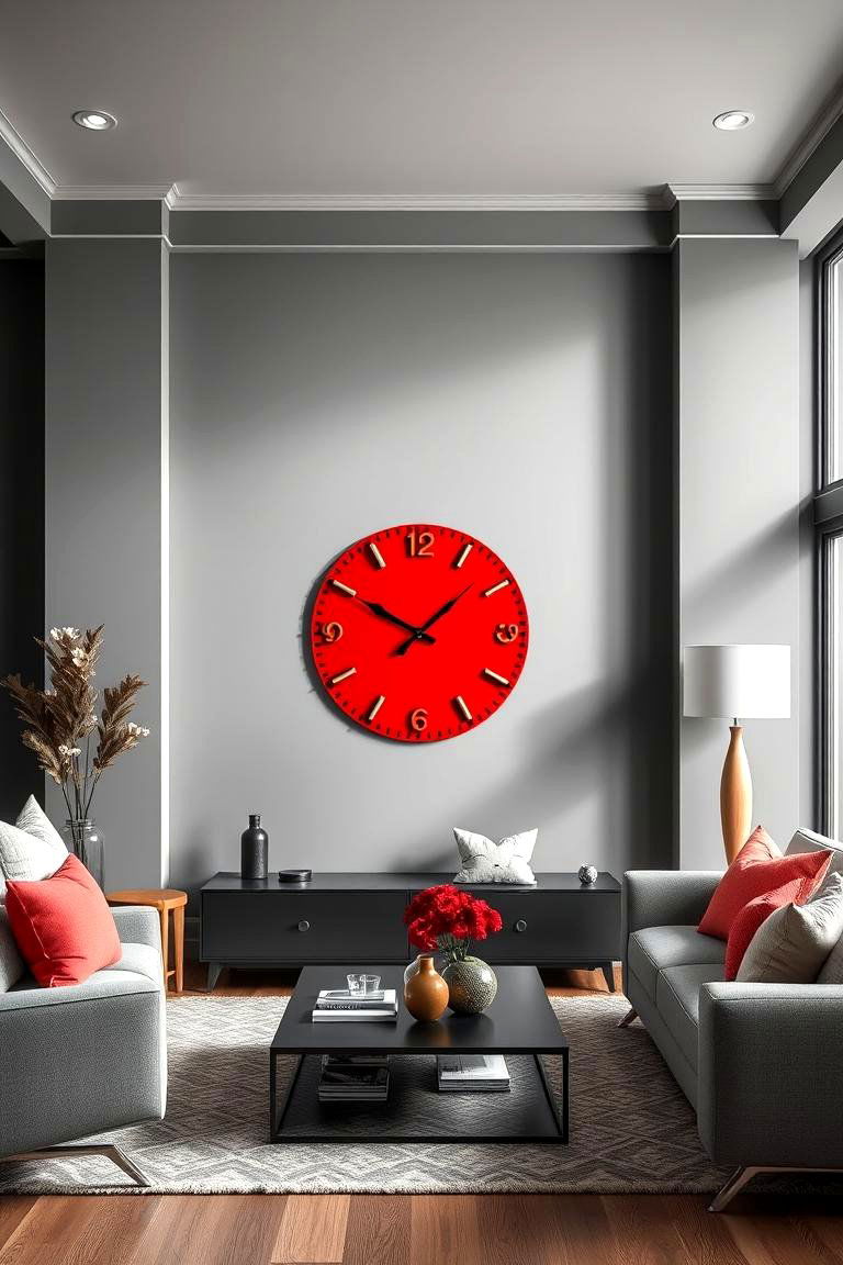 Bold Red Wall Clocks in a Grey Room - 24 Red and Grey Living Room Ideas