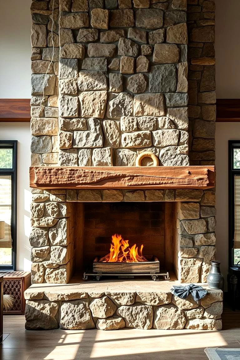 Bold Rustic Industrial Combination - 24 Stacked Stone Fireplace Ideas