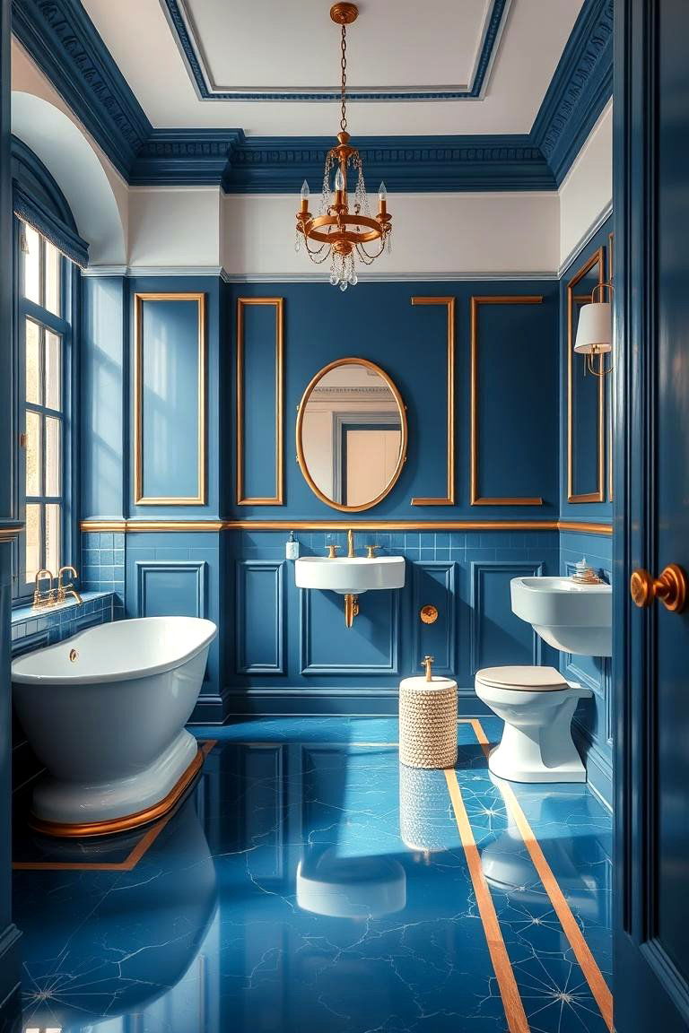 Bold Statement Blue Floor with Elegant Gold Trim - 24 Blue and Gold Bathroom Ideas