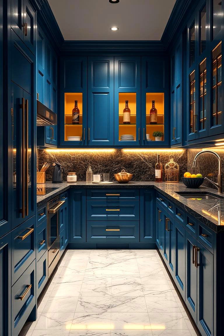 Bold Statement of Contrast - 24 blue kitchen cabinets with gold hardware