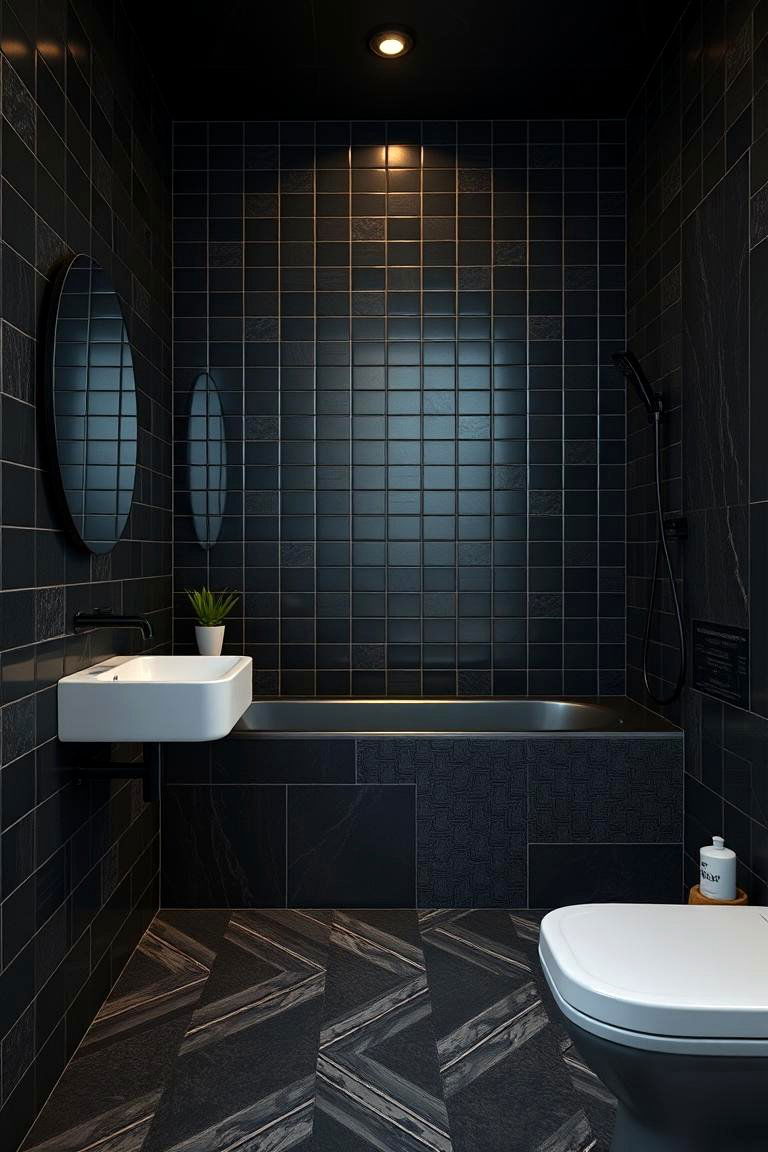 Bold Statement with Dark Tile Patterns - 24 Dark Bathroom Ideas